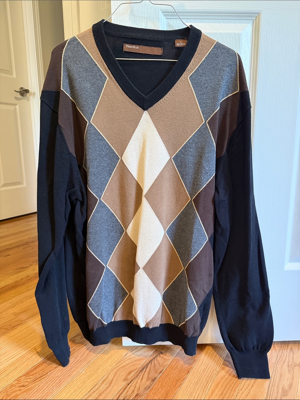Perry Ellis Black, Brown, Gray and Cream Argyle V-Neck Sweater